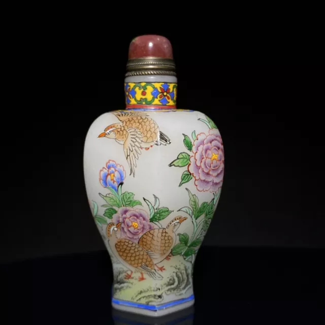 Chinese Coloured Glaze Carved Painted Beautiful Flower Bird Snuff Bottle Art