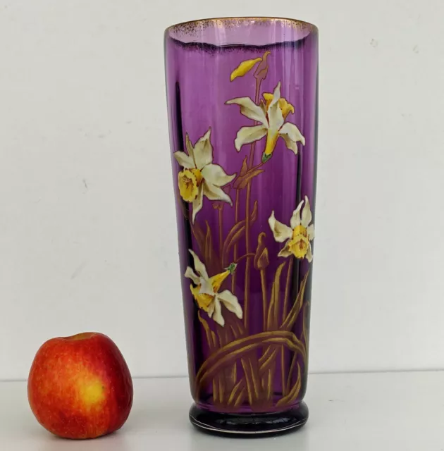 LEGRAS MONTJOYE  Grand Vase Verre Emaillé « Jonquilles » Fond Violet ca 1900