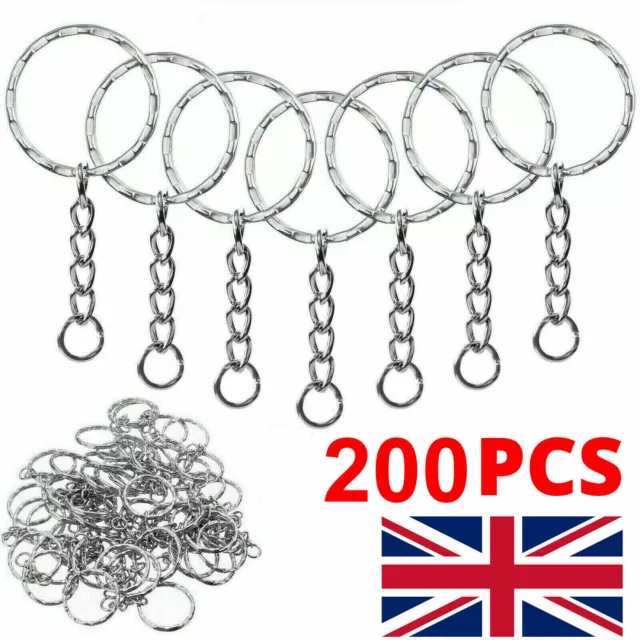 200Pcs Silver Keyring Blanks Tone Key Chains Key Split Rings 4 Link Chain 55Mm