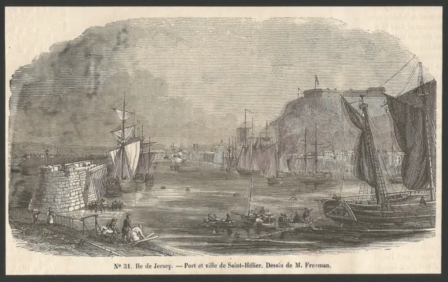 île de Jersey le port et la ville de Saint-Hélier gravure XIXe /B2IN