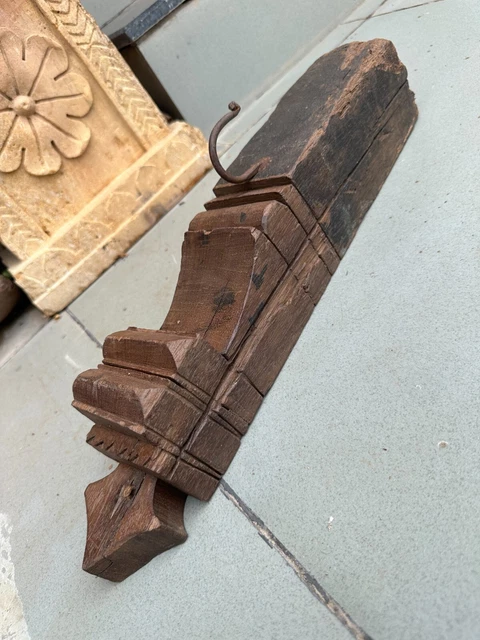 Old Ancient Indian Handcrafted Wooden Flower Design Wall Hanging Hanger Hook
