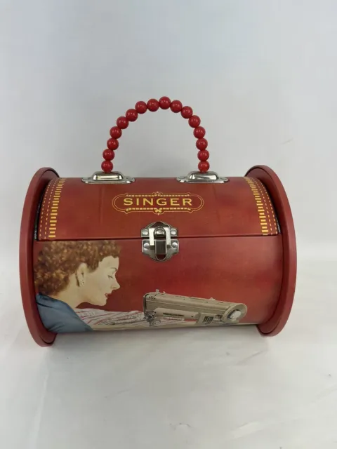 Vintage look Red Barrel-shaped Singer Sewing handbag with beaded handle.