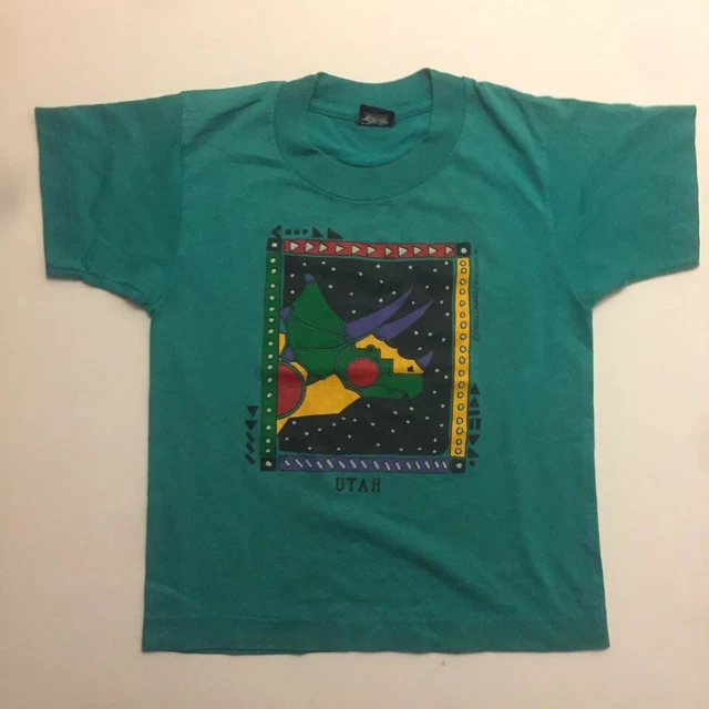 Vt 1991 Utah Dinosaur Triceratops Multicolor Green T Shirt Youth Size 6-8
