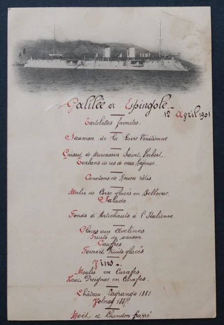 MENU 12 AVRIL 1901 Galilée et Espingole Cuirassée Volnay 1887 ...