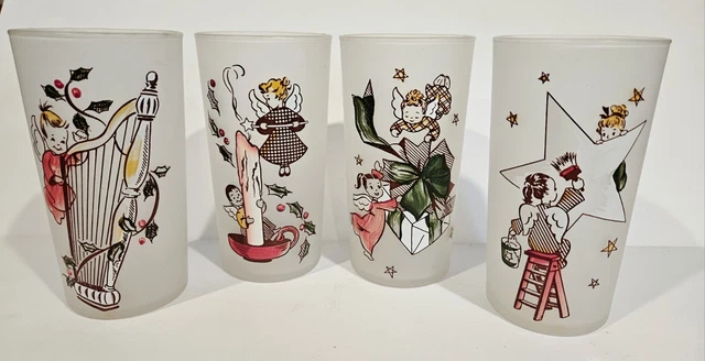 Vintage Mcm Gay Fad Four 1950'S Christmas Angel Tumbler/Glasses
