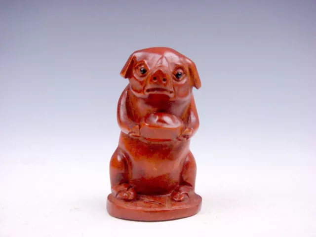 Japanese Boxwood Hand Carved Netsuke Pig Piggy Holds Yuan-Bao Ingot #05242306