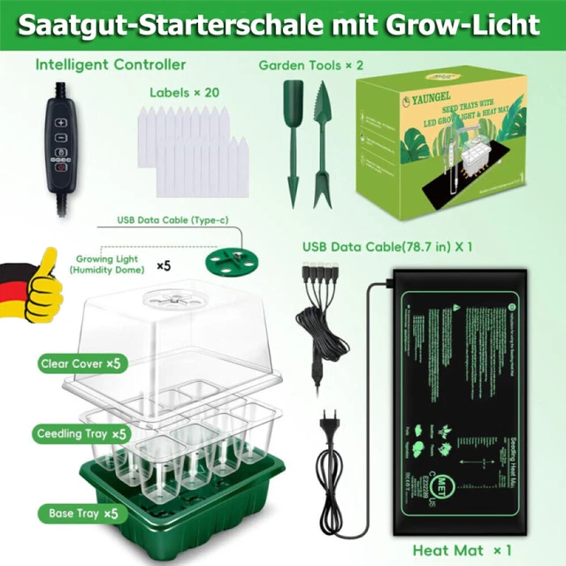 Saatgut-Starterschale Mit Wachstumslicht | 2x 80 Zellen, Mit Feuchtigkeitskuppel | Dimmbar & Timer | Für Gemüse, Blumen