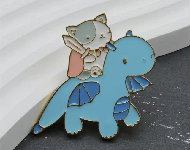 CUTE Cat w/ Sword Riding Blue Dragon Enamel Pin | FREE FAST SHIPPING
