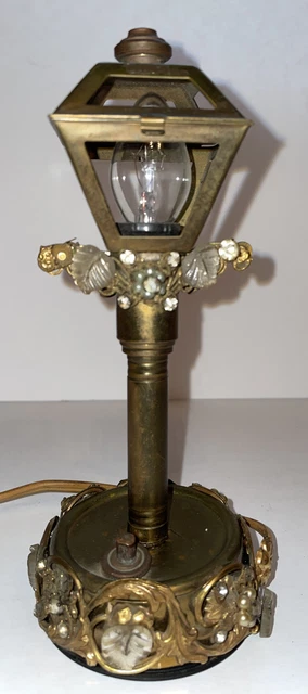 Vintage Lamp Street Light Floral Flowers & Rhinestones Gold-Tone Night-Light 7”