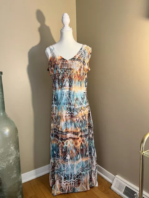 Reba Maxi Dress Mesh Rhinestone Beachy Boho Lined Abstract Western Blue Orange M