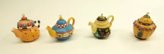 Lot of 4 Vintage Mary Engelbreit Resin Mini Teapot Christmas Ornaments Pre-owned