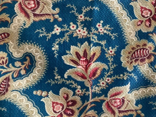 Antique French Stylized Floral Cotton Upholstery Fabric Jewel Tones 19th Century