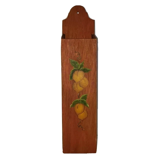 Vintage Wall Mounted Wood Long Match Box Holder Hand Painted Fireplace Peaches