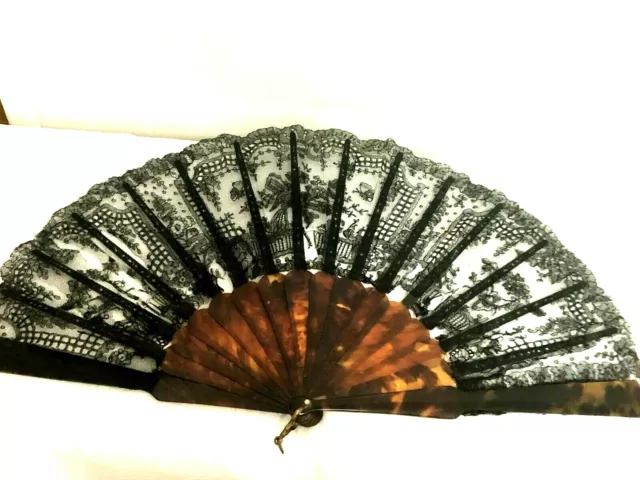 AMAZING ANTIQUE FAUX TORTOISE SHELL AND TULLE BIG FAN w/ STERLING SILVER DETAIL