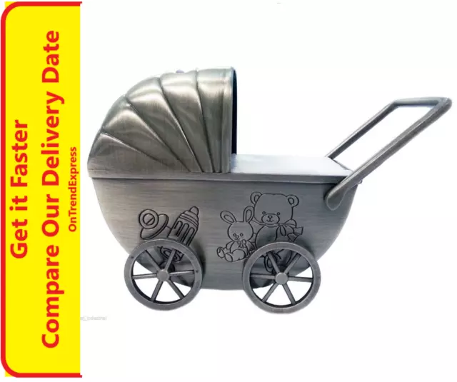 Baby Pram Pewter Finish Money Box Bank Christening Baby Shower Gift NEW HIBPRP