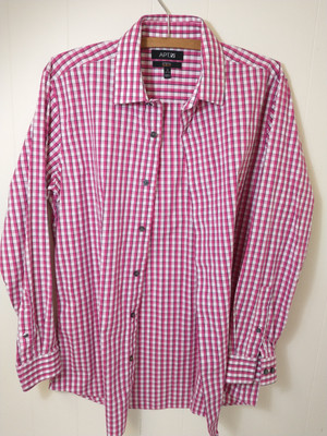 APT 9 Men's Shirt Size 16 Pink White Long Sleeves Check Slim Fit Button Down