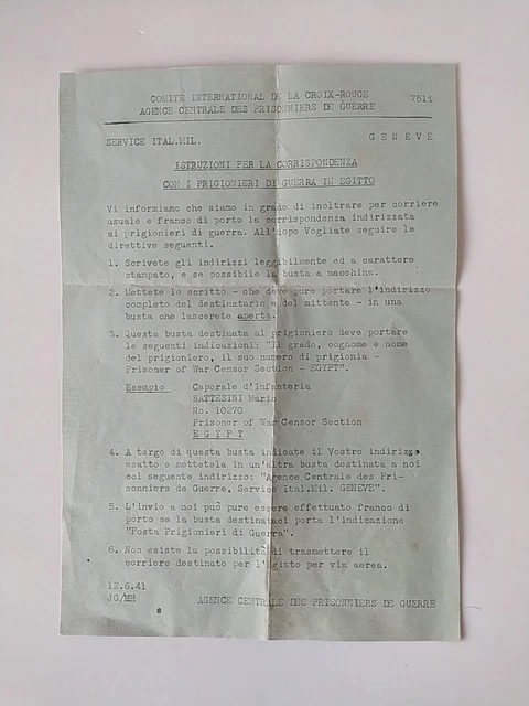 Ww2 Croce Rossa Prigionieri Guerra Egitto Volantino Corrispondenza Militare 1941