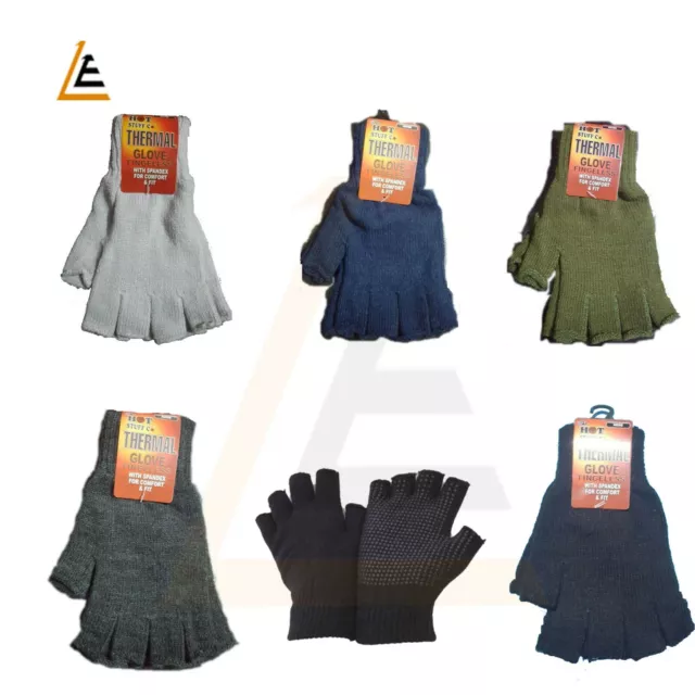 Adults Mens Plain Thermal Fingerless Knitted Winter Warm Half Finger Gloves