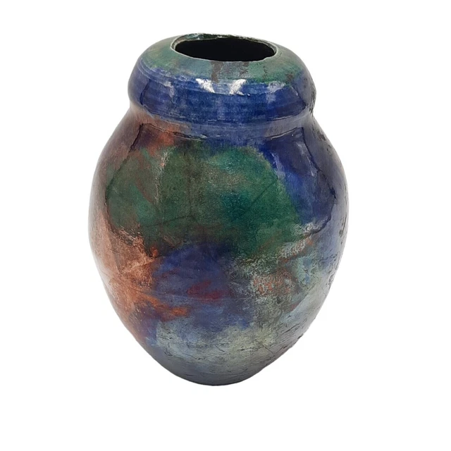 Vintage Signed Hal Raku Art Pottery 5” Vase Iridescent Glaze Artist Signed Hal