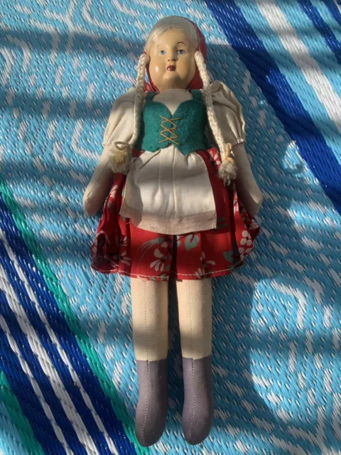 Vintage Poland Polish Girl Doll 12" Stamped Poland.  Papier Mache