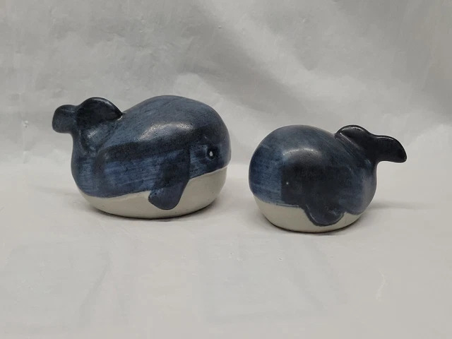 Mid Century pottery whale and baby whale Hand Painted Possibly Scandinavian 4955