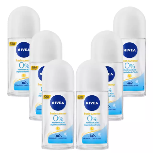 6x 50ml Nivea Fresh Summer Deodorant Roll On 0% Aluminium Roller 48h Mild Schutz