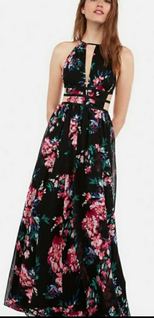 EXPRESS BLACK FLORAL PRINT MAXI DRESS W/ SIDE CUT OUTS Womens XS NWT $108