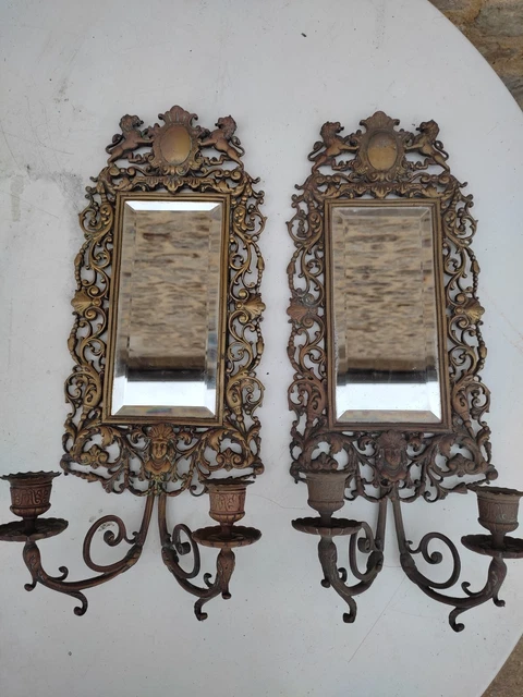 Ancienne Paire D'appliques Bougeoirs En Bronze Avec Miroir Xix