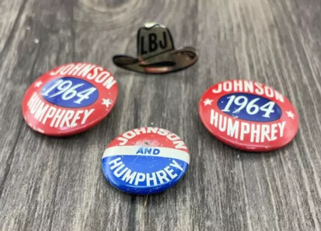Vintage Johnson Humphrey 1964 Pins LBJ Hat Lot of 4 Political Buttons Campaign
