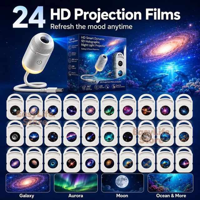 5D HOLOGRAPHIC GALAXY Ocean Projector, 360° Adjustable 24 Films USB -UK ...