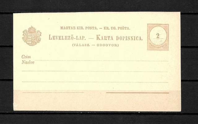 Hungary 2 kr stat DOPISNICA postcard VALASZ OCT 1880 issue small tear MINT RRR Hungary 2 kr stat DOPISNICA postcard VALASZ OCT 1880 issue small tear MINT RRR