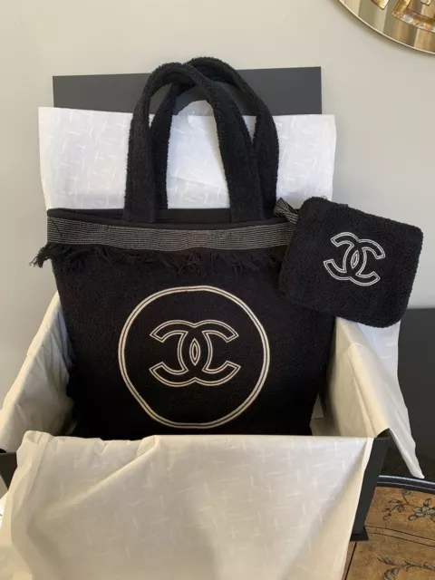 CHANEL BLACK Terry Cloth CC Logo Beach Tote Bag w/ Towel and Pouch  $2,000.00 - PicClick