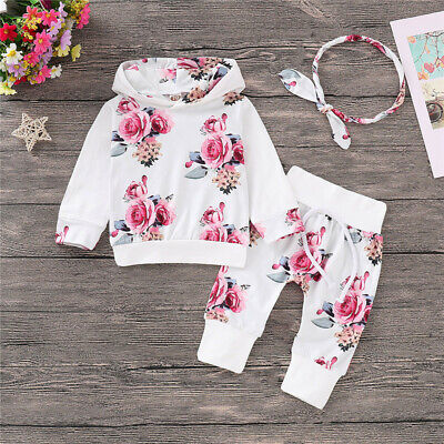 3PCS Toddler Baby Girl Clothes Floral Hooded Tops Pants Headband Outfits Set UK