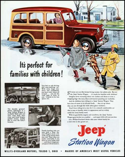 1949 Willys Jeep Station Wagon Kids in Raincoats mom dog retro art print ad L92