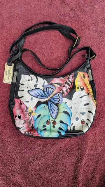 Anuschka Hand Painted Leather Lovely Leaves Small Hobo Shoulder Bag