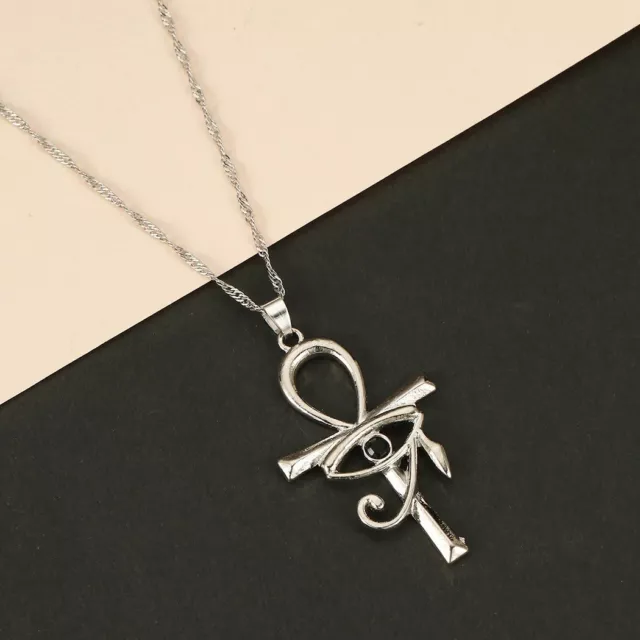 Silver Eye of Horus / Ra Ankh Cross Pendant Necklace Egyptian Jewelry Chain