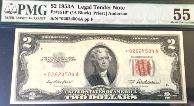 1953A $2 Legal Tender *Star* Note Pmg 55 Epq About Unc Priest/Anderson      9347