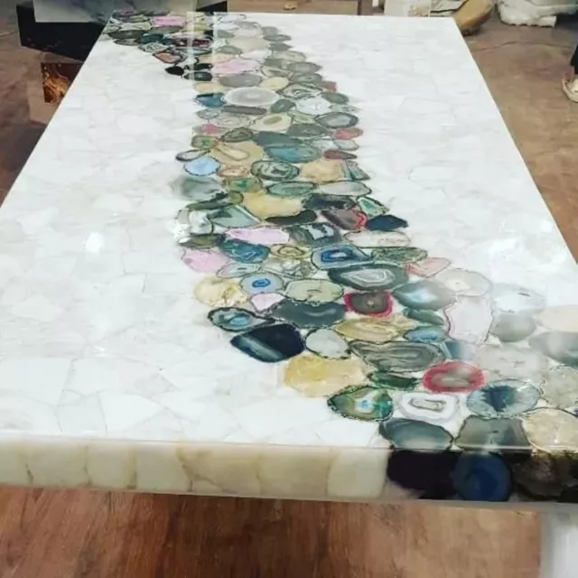 Handcrafted Dining Table Top River Design with Agate Stone Office Meeting Table 2