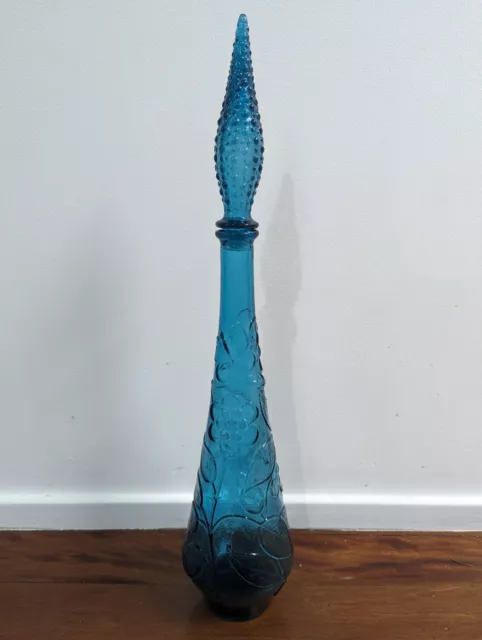 Blue Empoli Glass Genie Decanter Bottle With Stopper - Made In Italy