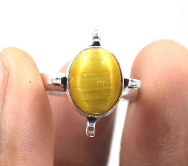 925 Sterling Silver Oval Cat's Eye Gemstone Handmade Jewelry Ring (US) Size-8