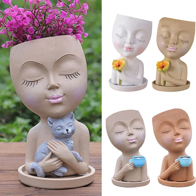 Girls Face Head Figurine Flower Pot Resin Succulent Plant Pots Garden Planter