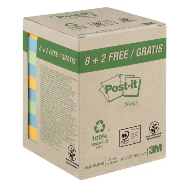 Blocco foglietti Post-it® - 654-RCP10 - 76 x 76 mm - carta riciciclata - colori