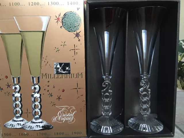 Cristal dArques 2000 Millennium 24% Lead Crystal Champagne Flutes Boxed Set of 2