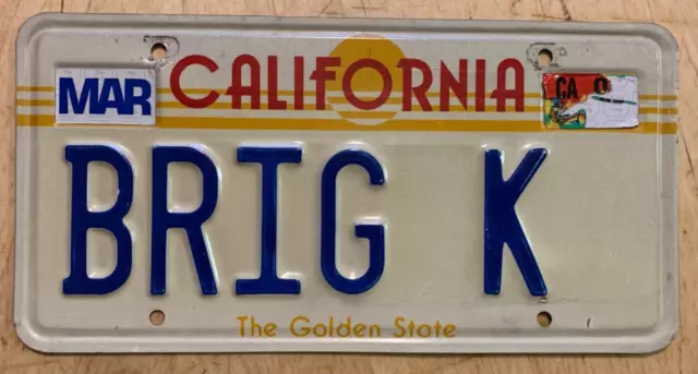 1990'S California Golden State Graphic Vanity Auto License Plate " Brig K "Kirk