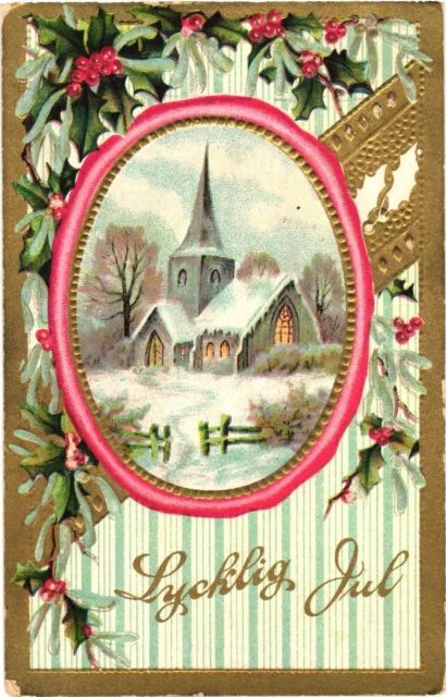 A Small Church Covered In Snow, Lycklig Jul, Merry Christmas In Swedish Postcard