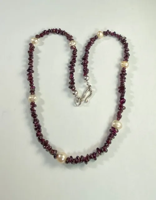 Vintage 925 Garnet Pearl Beaded Necklace Nugget 19.5 inches