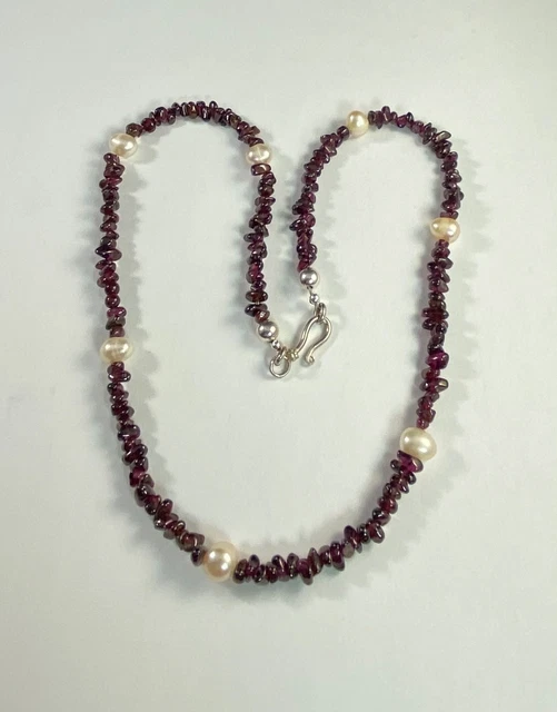 Vintage 925 Garnet Pearl Beaded Necklace Nugget 19.5 inches