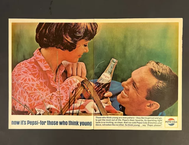 Pepsi Cola VTG 1964 2-Page Print Add 20x13 Man Woman Picnic Mid Century