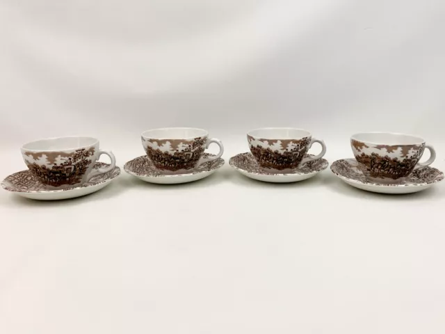 Franciscan Brown Coaching Days Tea Cups & Saucers (4 Sets) Staffordshire England