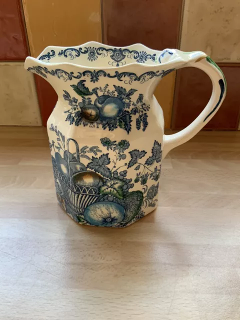 Masons Ironstone Blue & White Fruit Basket Porcelain Water Jug 5 1/2"" Tall